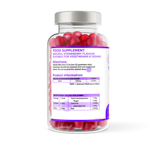 Biotin | 5000mcg | 60 & 150 Gummies | Strawberry Flavour | Vegan - Image 2